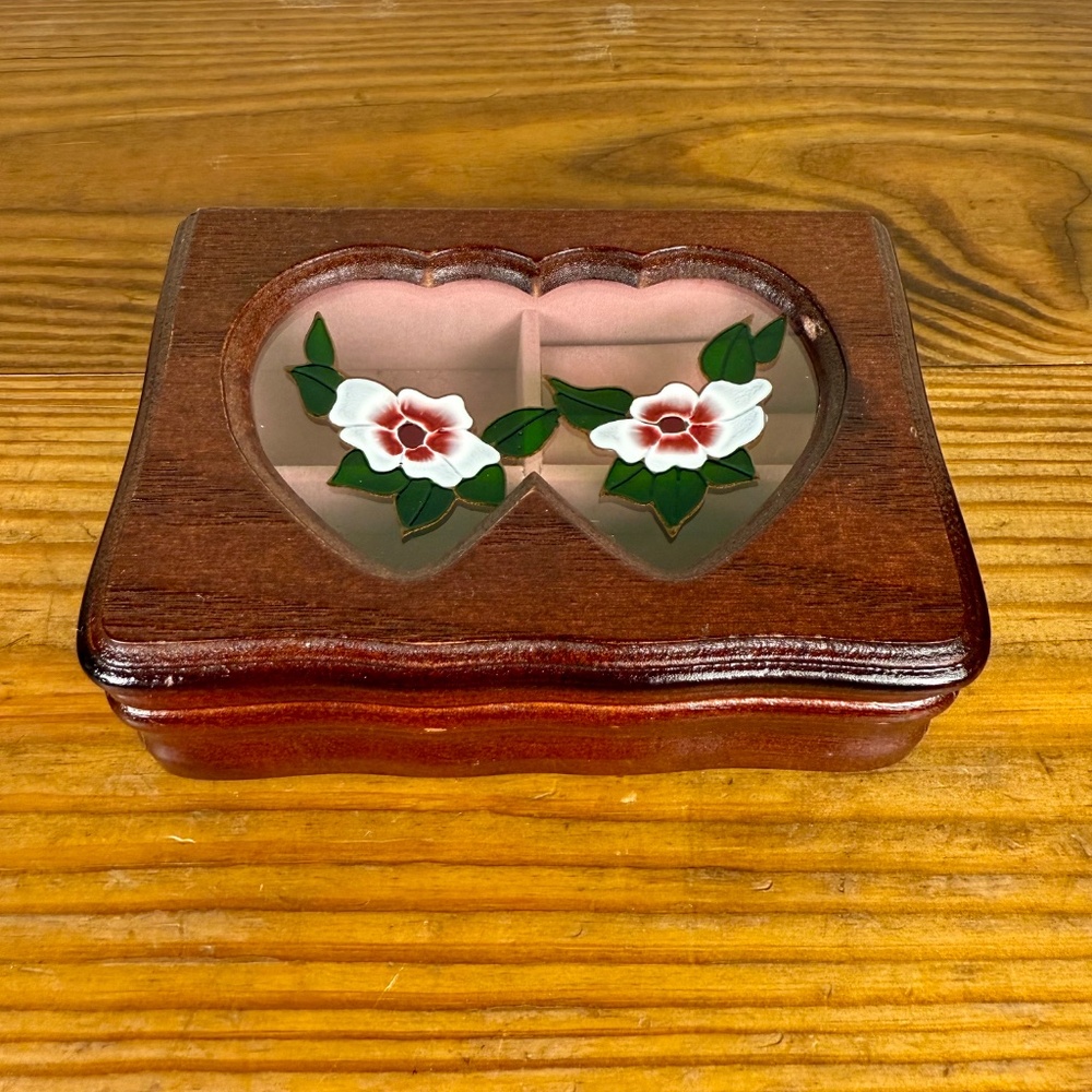 Vintage Wooden Jewelry Box | Heart Window Lid with Floral Inlay - Picture 12 of 13
